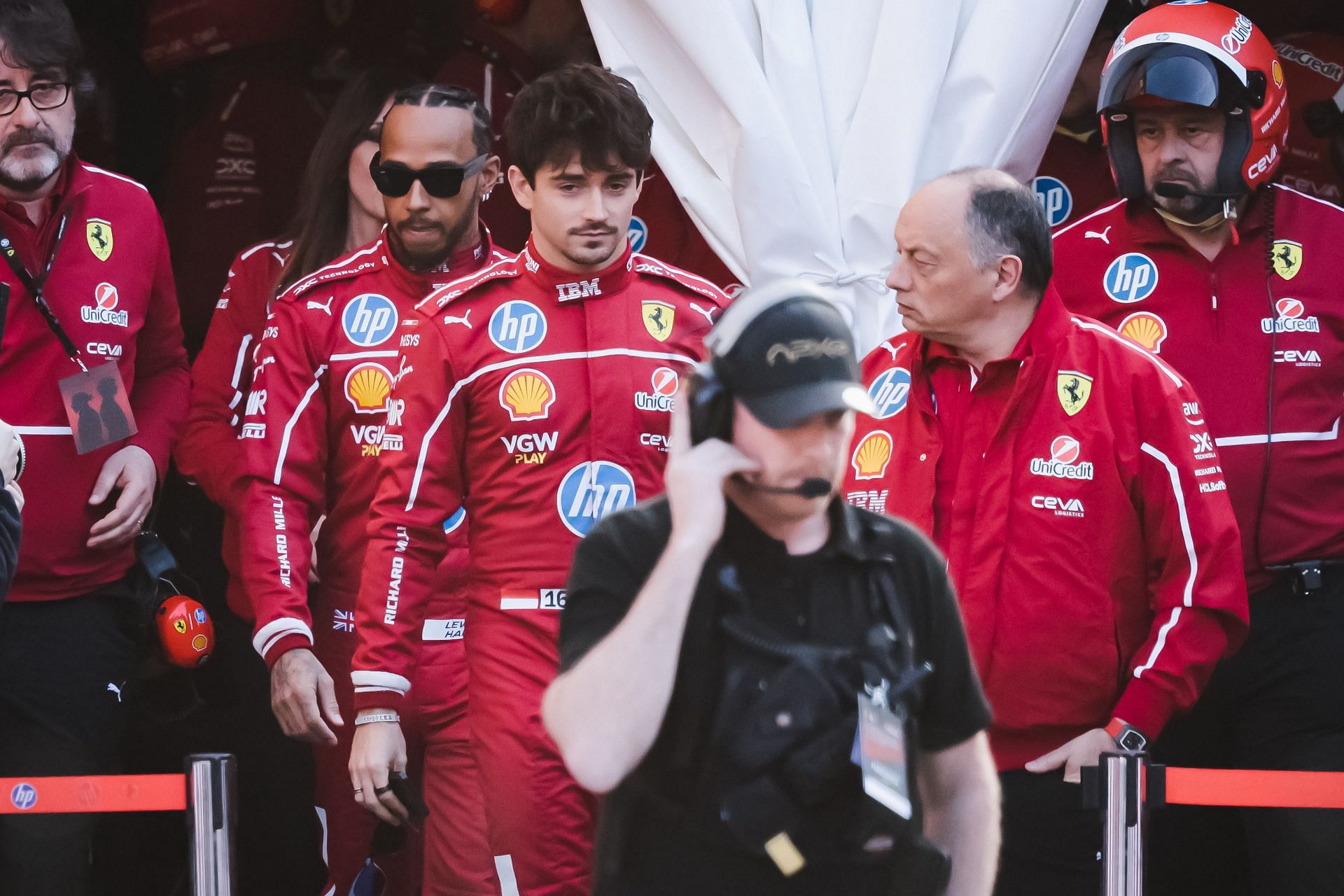 Lewis Hamilton, Charles Leclerc, and Frederic Vasseur attend the Scuderia Ferrari HP Drivers' Presentation in Milan - Source: Getty